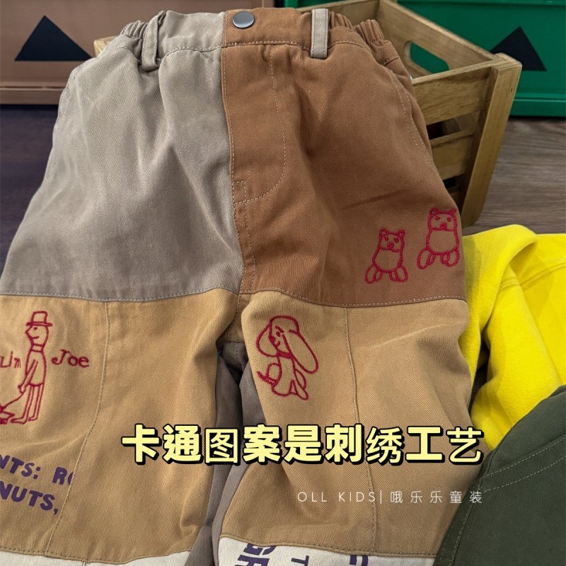 OLL【重工】冬季男女儿童刺绣加绒长裤拼色拼接童装潮流直筒休闲6
