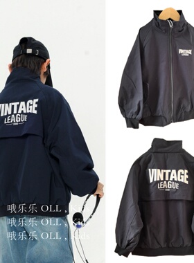 OLL春秋工装外套帅气字母印花简约藏青色宽松双层男孩夹克衫上衣6