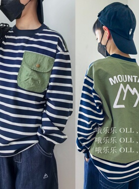 OLL日系男孩春秋条纹宽松长袖T恤百搭圆领时尚拼接上衣中大童撞色