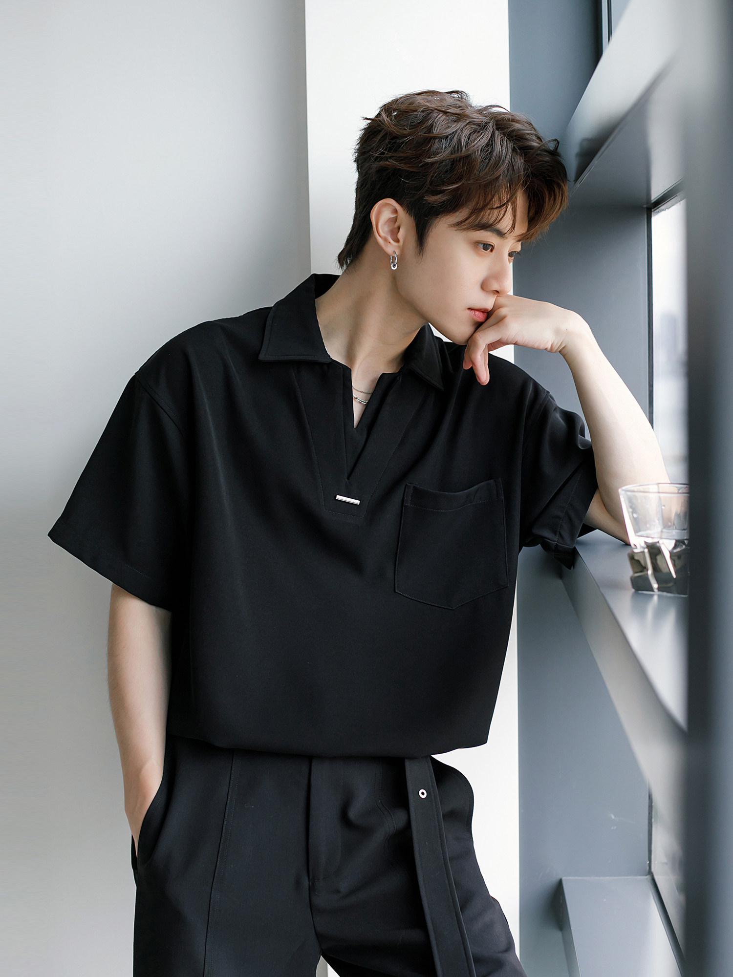 CHICERRO SICILY MENS BLACK V-NECK SHORT SLEEVE MENS POLO SHIRT SUMMER RUFFIAN DESIGN T-SHIRT TOP