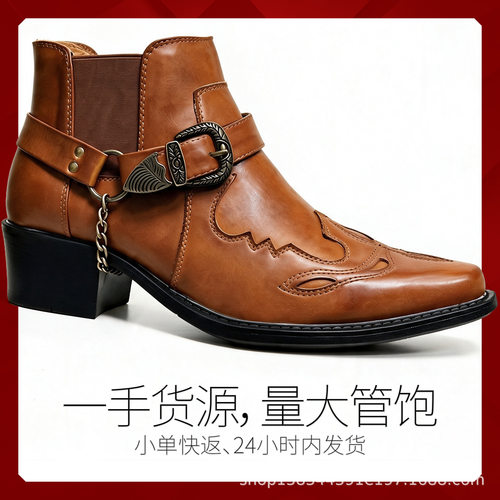 跨境工厂外贸靴子时尚个性皮带扣粗跟尖头短靴39-48切尔西靴男靴