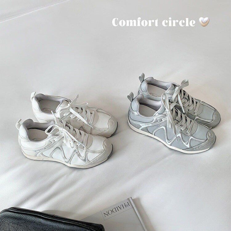 山系小弯月~5cm内增高浅灰拼色款休闲运动户外登山德训鞋女阿甘鞋 - 实物图