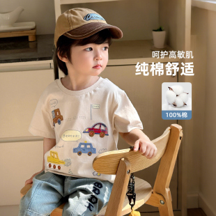 刺绣小汽车t恤~儿童夏季短袖t恤男童卡通图案上衣纯棉透气半袖