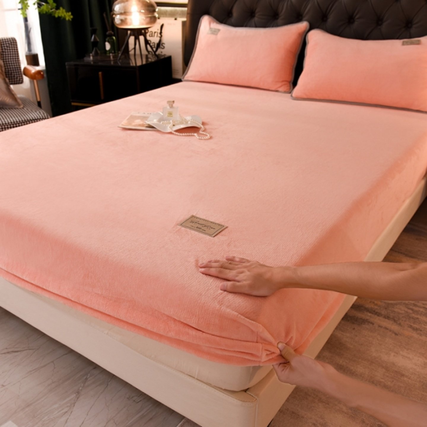 软乎乎牛奶绒床笠单件冬季保暖樱花粉玉粉纯色防滑床垫罩宿舍家用