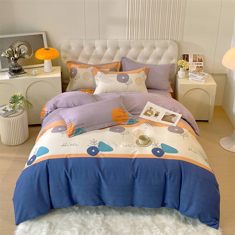 条纹田园床品套件全棉磨毛四件套浅紫米黄宝蓝色床单被套单人双人