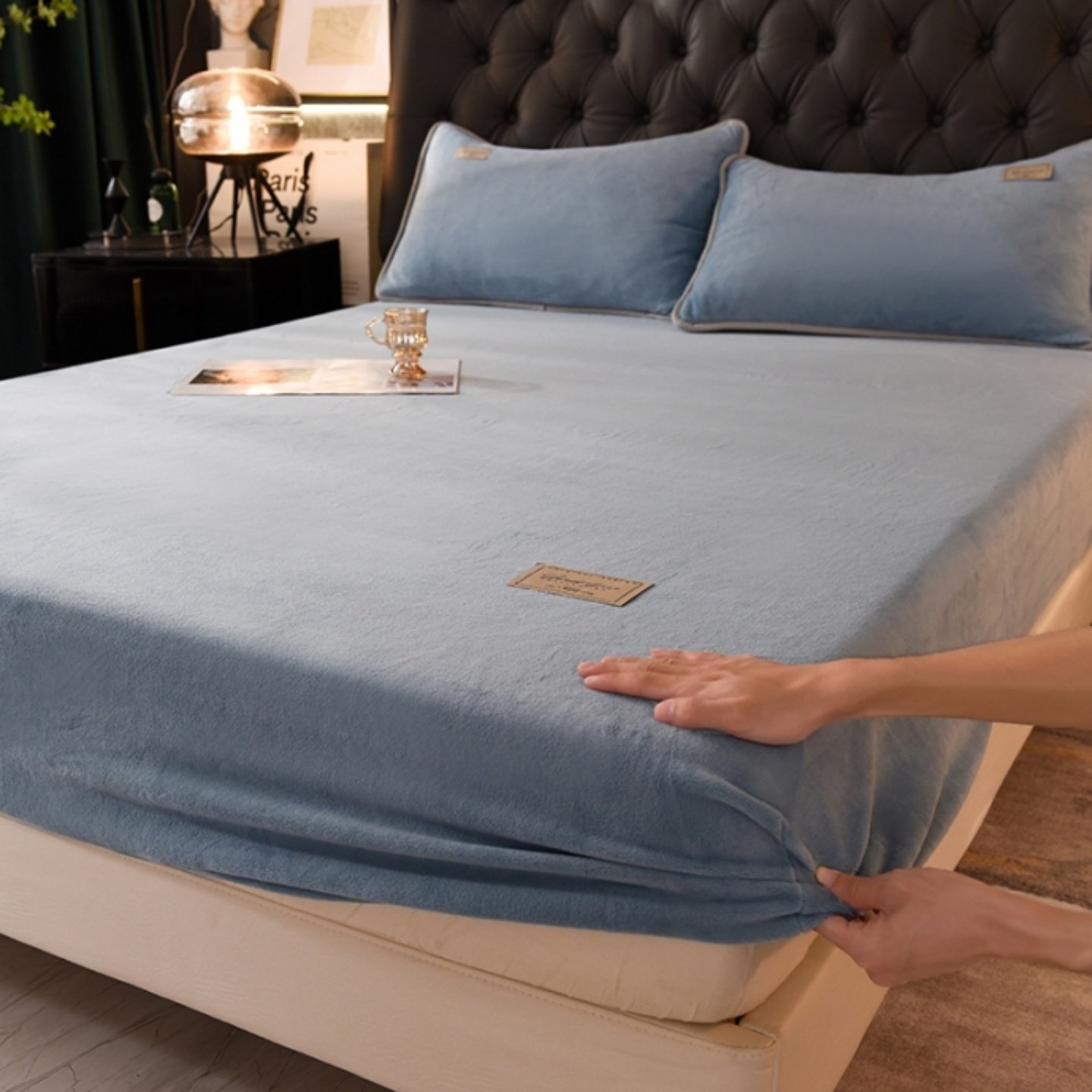 软乎乎牛奶绒床笠单件冬季保暖深海蓝纯色防滑床垫罩单双人床套罩