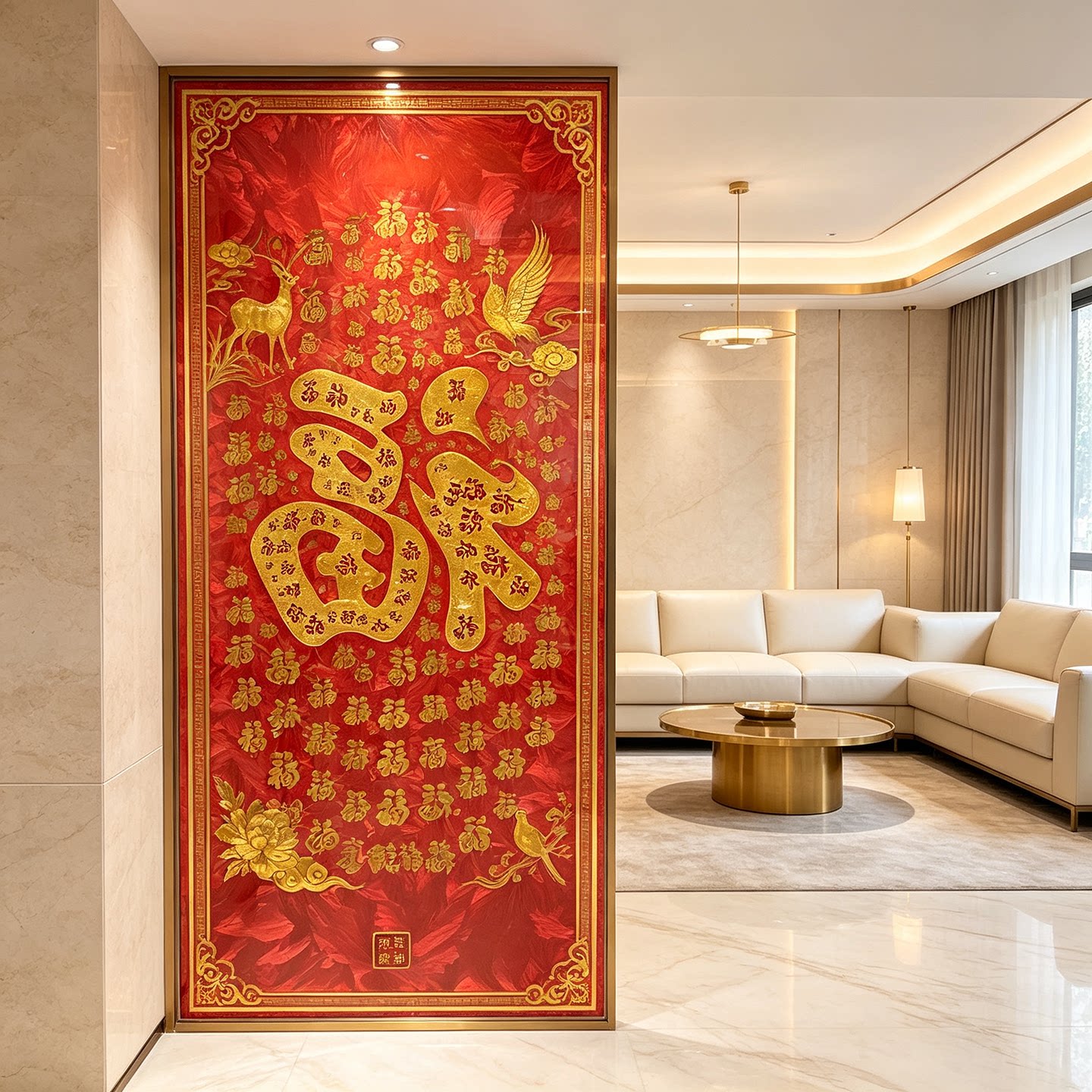 新中式鎏金百福艺术玻璃屏风隔断珐琅彩工艺客厅入户玄关装饰定制