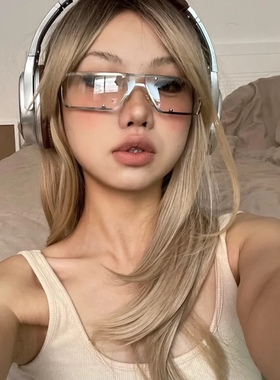 酷女孩Y2K复古金属双梁透明银色墨镜千嬉街拍嘻哈凹造型太阳眼镜