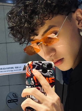 来点橘色无框切边窄长方形太阳眼镜小框拍照ins潮流街拍个性墨镜