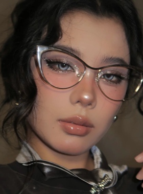 欲罢不能个性欧美妆钢皮猫眼金属上翘素颜装饰平光镜加度数近视女