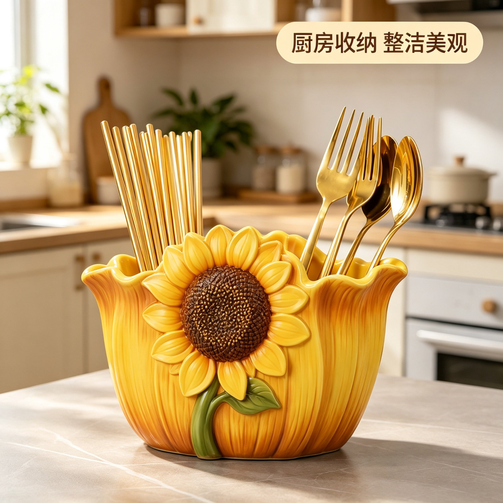 治愈系向日葵客厅厨房筷子餐具收纳盒笔筒大容量杂物整理盒子摆件