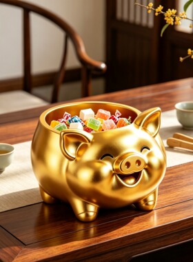 新中式招财猪笔筒盒前台糖果收纳盘大容量新居入户搬家办公室摆件