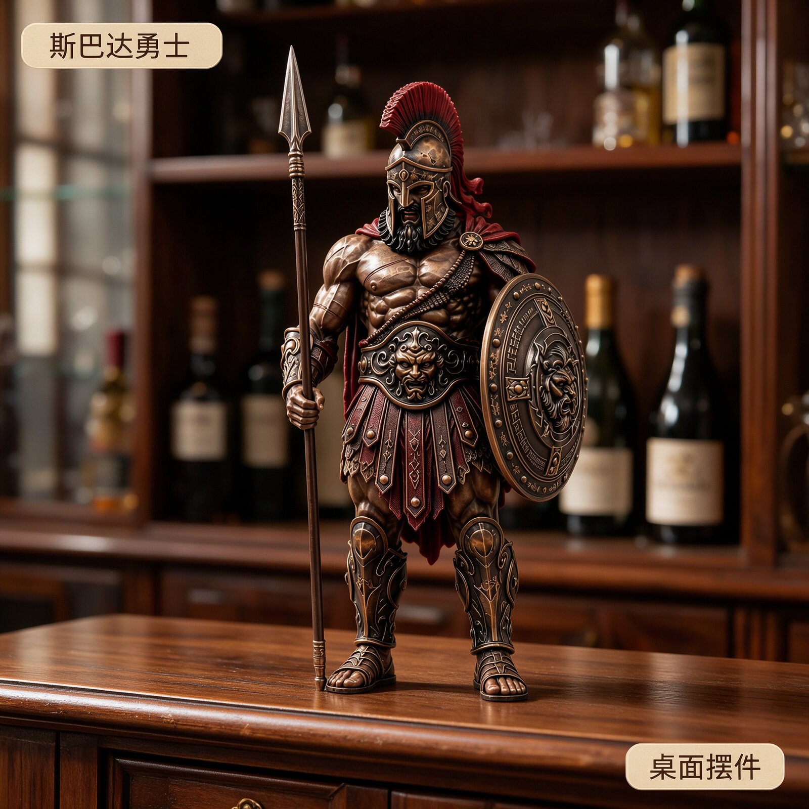 古希腊斯巴达战士长矛盾牌武士雕像男生书房酒柜个性软装摆设礼物