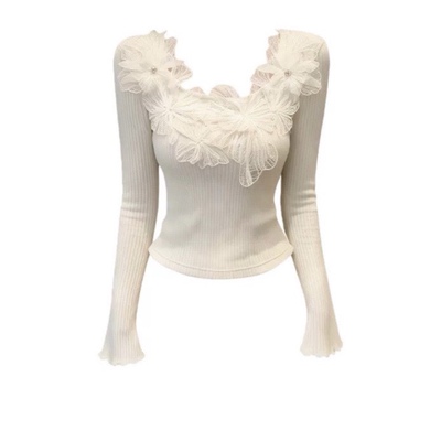 新款设计感别致好看法式立体蕾丝花朵U领T恤女修身内搭打底衫上衣