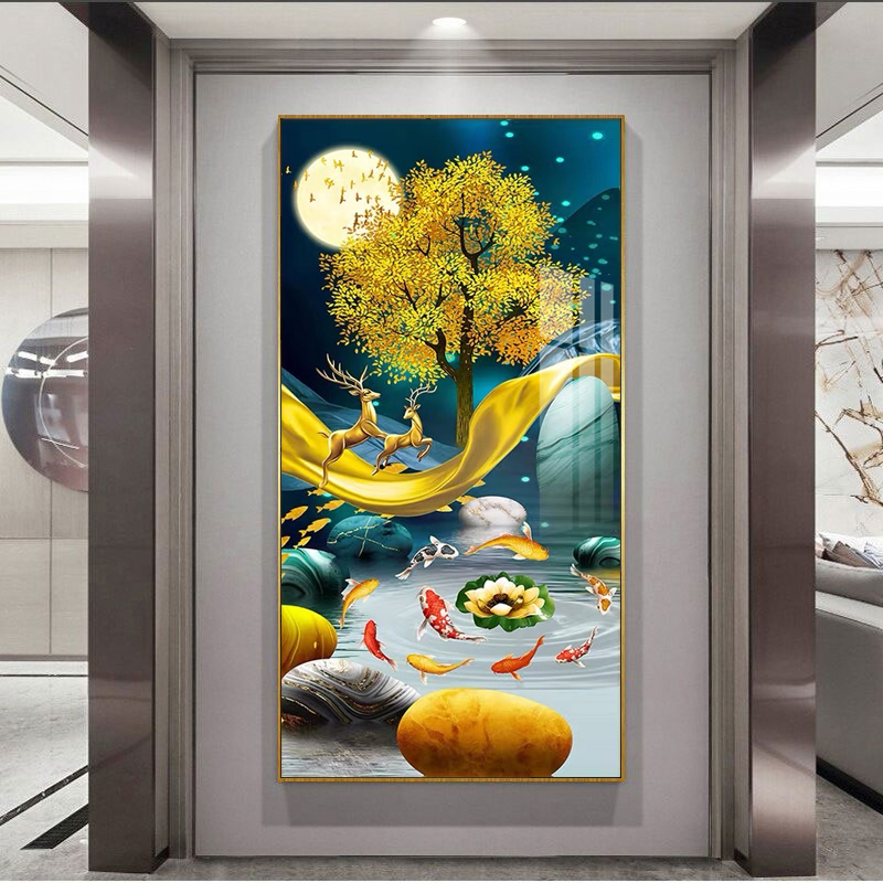 发财麋鹿摇钱树九鱼图玄关竖版十字绣2025新款线绣卧室手工满刺绣