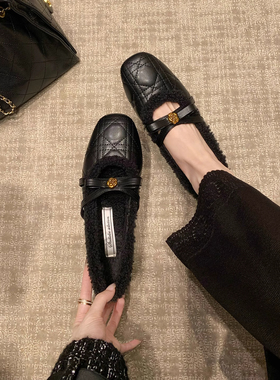 羊皮版增高3cm~小香风珍珠山茶花加绒毛毛玛丽珍单鞋女秋冬新款