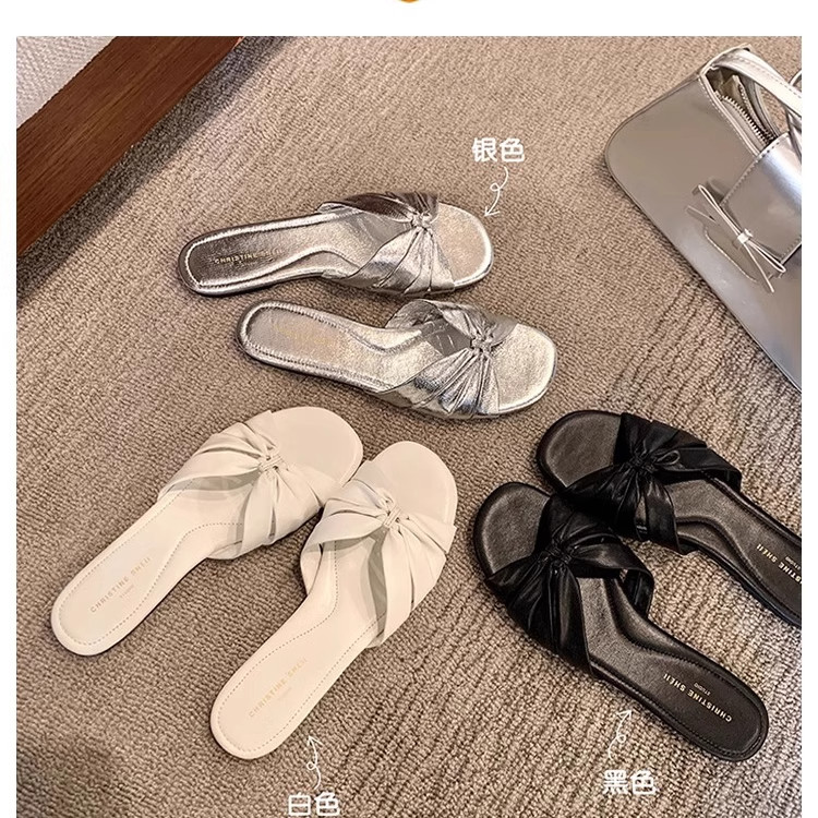 羊皮版~方头小羊皮褶皱平底拖鞋女银色爆裂纹低跟凉拖鞋女