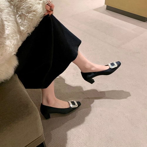 秋季浅口单鞋方扣水钻粗跟