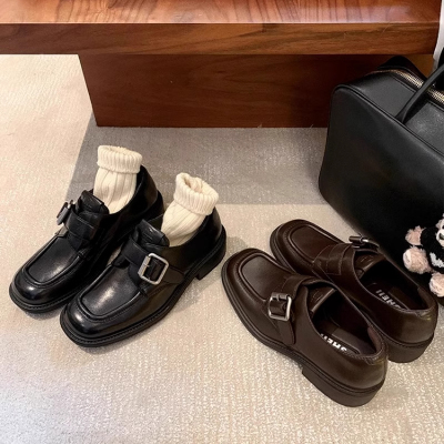 扣带一脚蹬粗跟懒人乐福单鞋