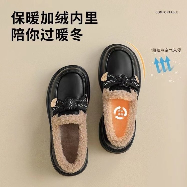 啄木鸟清仓真皮加绒乐福鞋女冬季新款棉鞋厚底毛绒女单鞋英伦风皮