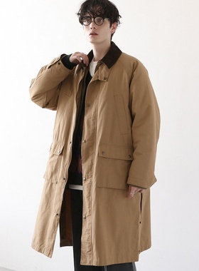 现货 日系RB二合一3WAY 男士秋冬中长款灯芯绒撞色翻领棉风衣外套