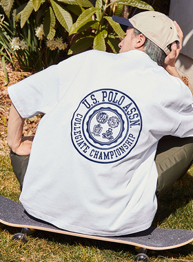 日系后背USPolo字母刺绣休闲短袖  夏季圆领基础情侣款落肩宽松T