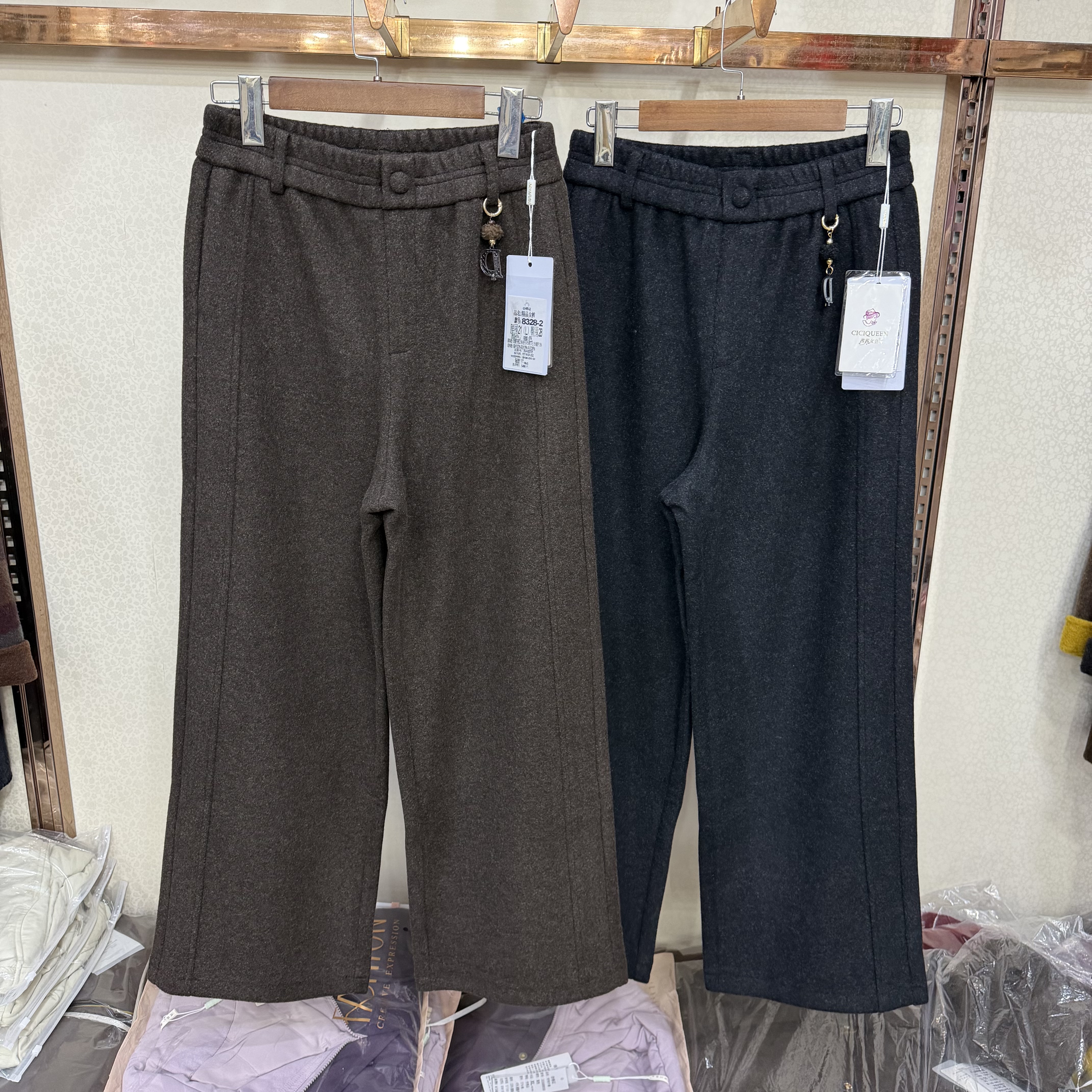 茜茜女皇8328秋冬阔腿裤女高腰松紧腰垂感直筒裤中年显瘦休闲长裤