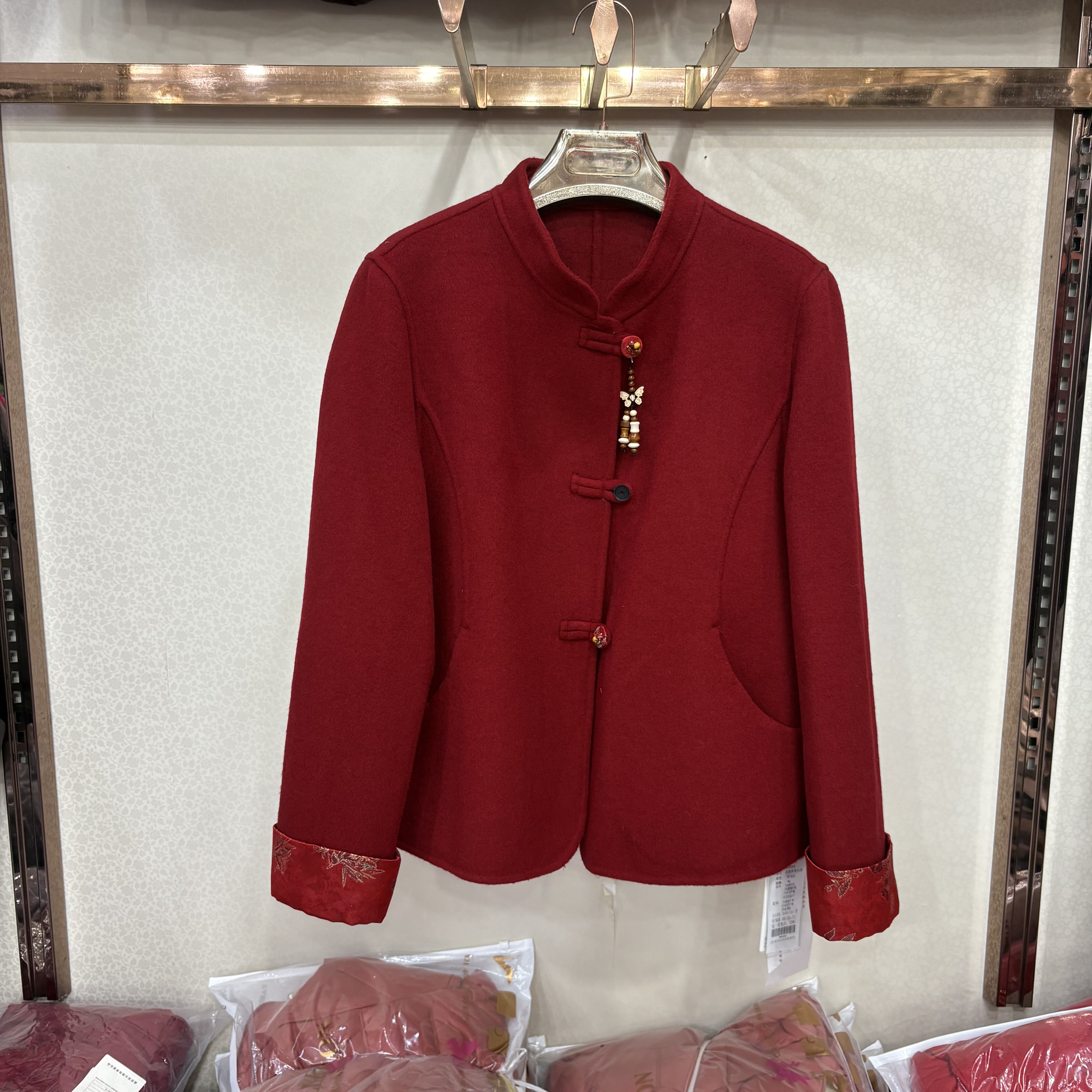 红松25D15正品双面羊毛大衣女红色2026春季新中式国风毛呢外套潮