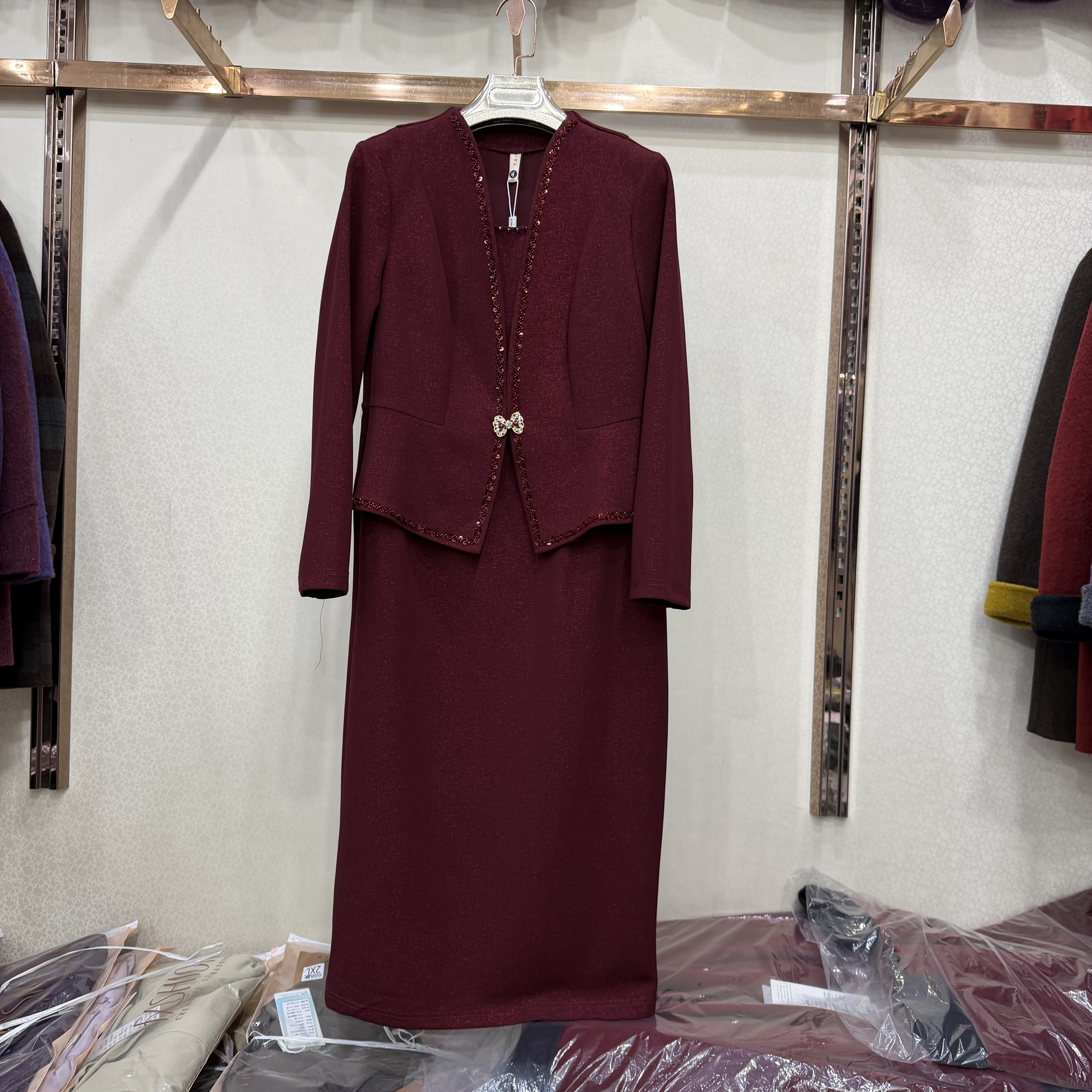 金点26B-609婚宴礼服重工镶钻假两件连衣裙中老年喜婆婆婚礼裙子