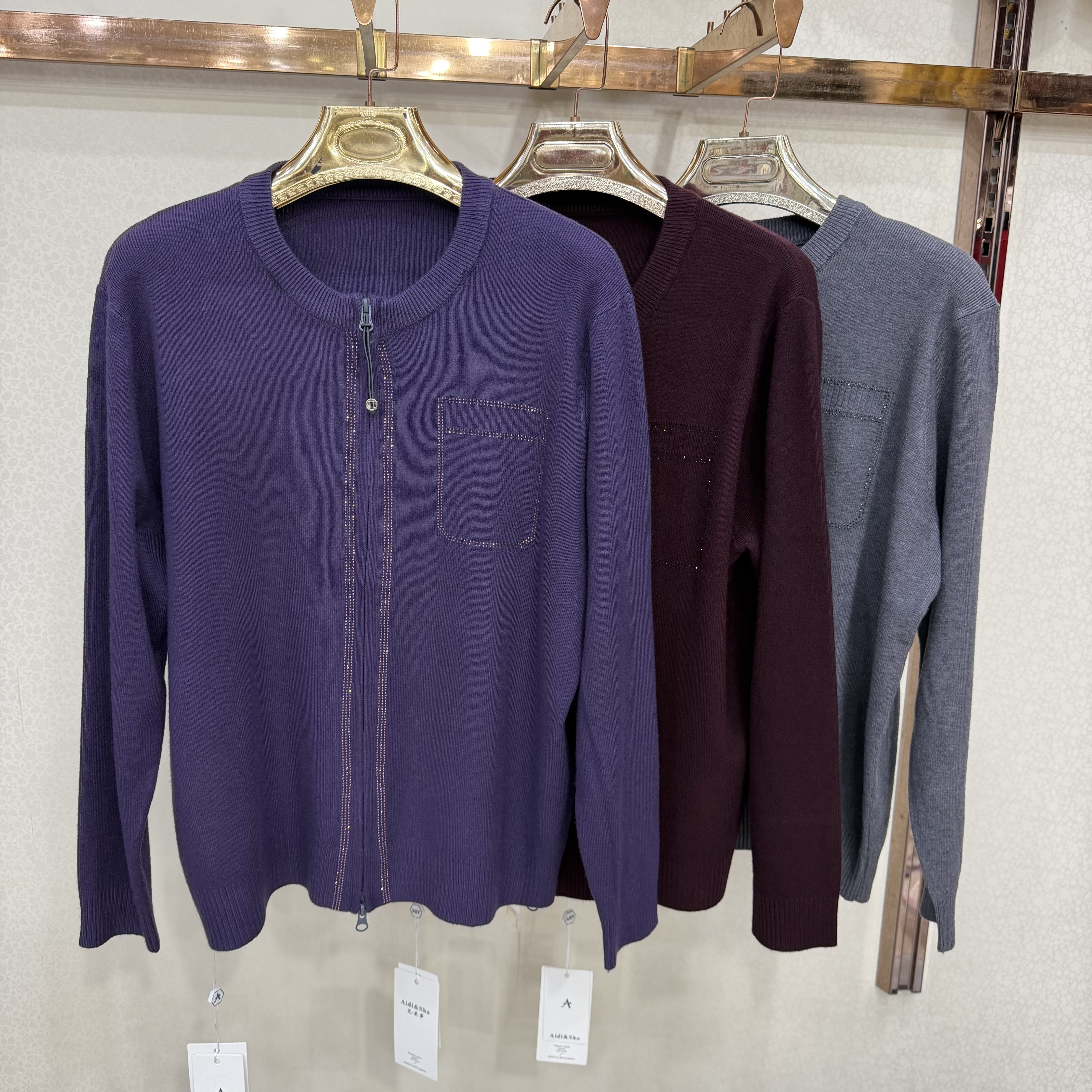 8605中年妈妈圆领拉链针织开衫女秋季镶钻口袋宽松外搭毛衣外套女