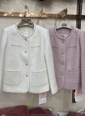 商场同款26A-25春季新高级感圆领显瘦钉珠设计感单排扣上衣外套女