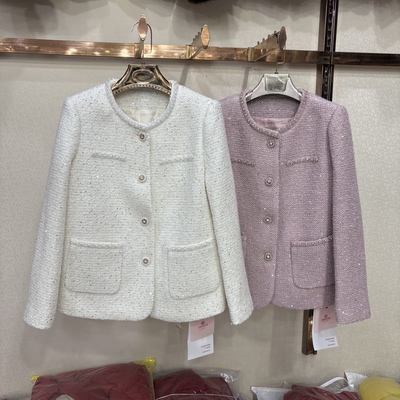 商场同款26A-25春季新高级感圆领显瘦钉珠设计感单排扣上衣外套女