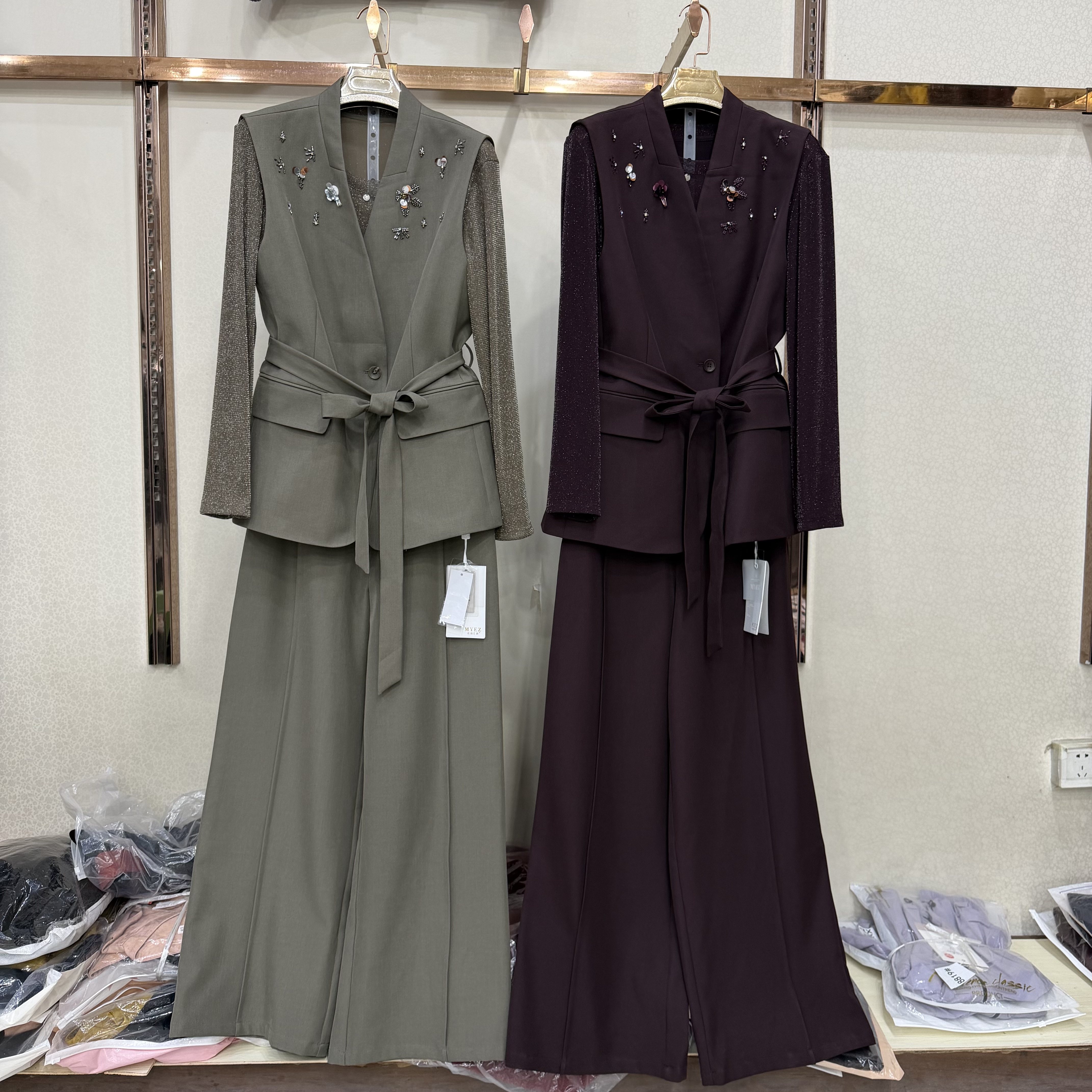 商场同款M26QT809正品秋季三件套套装女钉珠马甲+打底衫+阔腿裤子