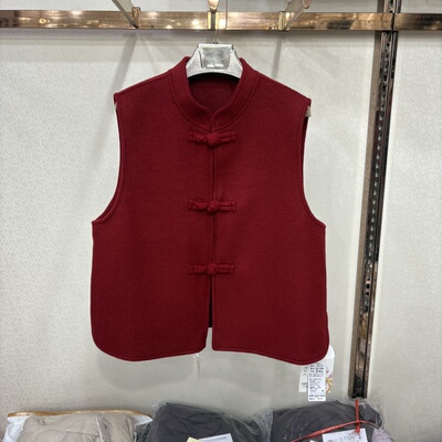 佰合25188新中式立领双面羊毛马甲女红色洋气盘扣中国风马夹外套