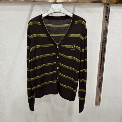 5256V领条纹针织开衫女秋季小鱼刺绣休闲宽松薄款短款毛衣外套