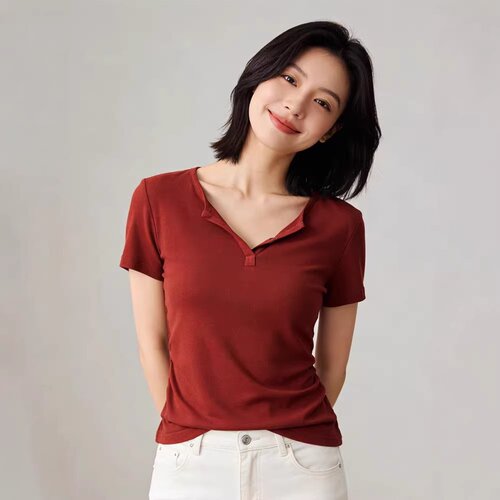 桑蚕丝莱赛尔基础款半开领短袖T恤女小众设计感收腰褶皱显瘦上衣