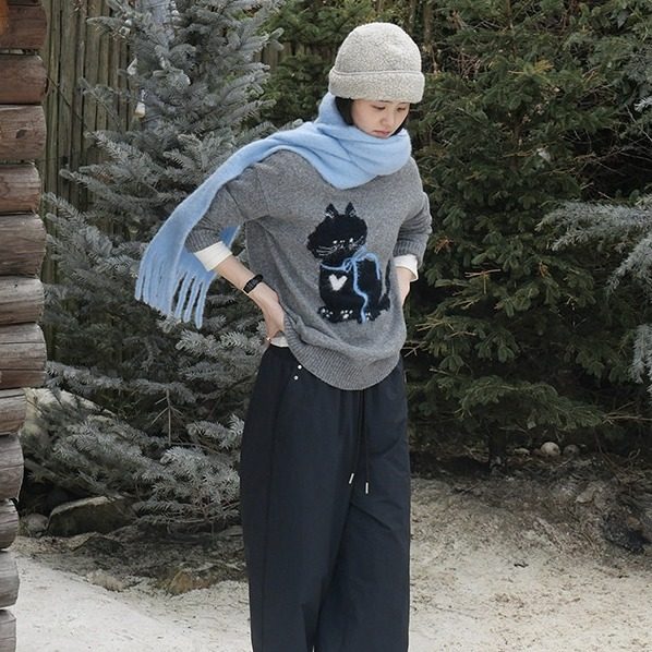 冬日LOOK 猫咪提花图案宽松慵懒毛衣女秋季冬季圆领长袖毛针织衫
