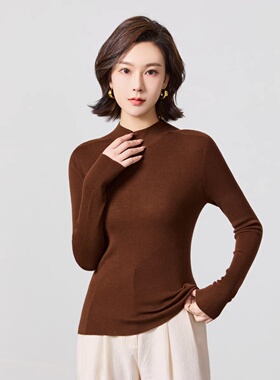 德国扬子纱60支双股100%精纺羊毛18针一线无缝半高领羊毛打底衫女