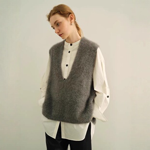 95羊毛5羊绒  拉毛无袖羊绒衫拉绒长毛上衣打底背心马甲女外搭坎