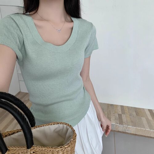 桑蚕丝羊毛U领针织T恤女 短袖修身基础款纯色打底针织衫夏季12色