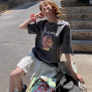 宽松oversize上衣 美式 复古水洗做旧卡通狗印花短袖 T恤女夏季 新款