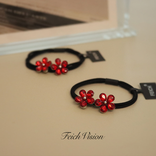 FEICH幸运绯红花朵水晶发圈 甜美可爱国风弹力皮筋马尾头绳发饰品