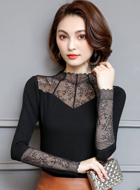 蕾丝上衣女长袖网纱打底衫半高领内搭镂空立领小衫2025秋装新款潮