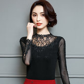 女装 大码 洋气女高领蕾丝打底衫 长袖 2025秋装 黑色网纱上衣小衫 新款