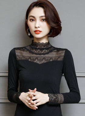 2025秋季新款黑色蕾丝t恤女长袖莫代尔打底衫修身薄小衫百搭上衣