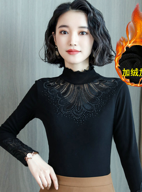 蕾丝加绒加厚保暖打底衫半高领2025新款长袖女式秋冬季小衫上衣服