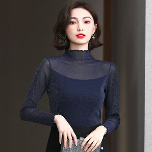 2026春秋新款金银丝网纱木耳边长袖打底衫大码上衣女闪光丝蕾丝衫