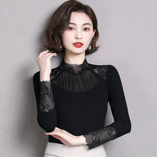 2026年新款春秋长袖蕾丝打底衫莫代尔女气质内搭上衣显瘦洋气小衫