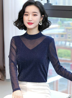春秋女亮丝网纱蕾丝长袖打底T恤