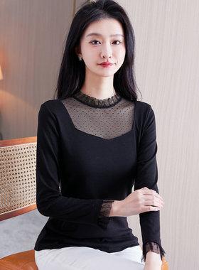 2025春秋新款黑色莫代尔打底衫女内搭时髦洋气小衫t恤蕾丝上衣潮